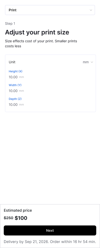 Adjust print size controls with live cost calculation