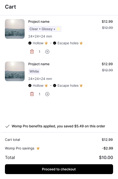 Multi-item print cart with spec summaries and line-item savings