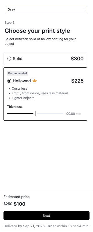 Solid vs Hollowed print style selector with upfront price comparison