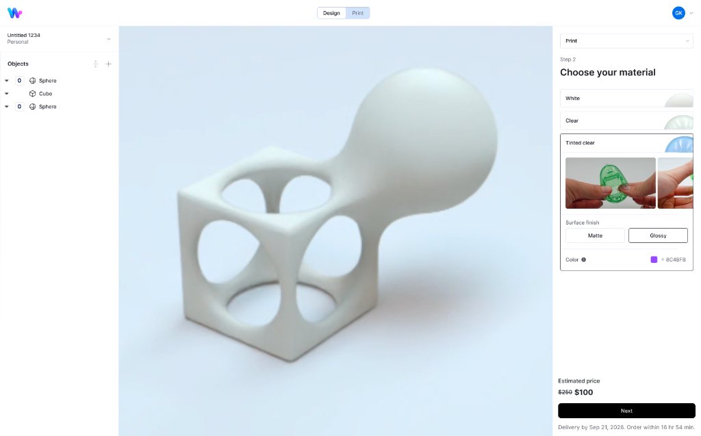 Womp 3D Print Checkout Interface showing live canvas and material selection drawer